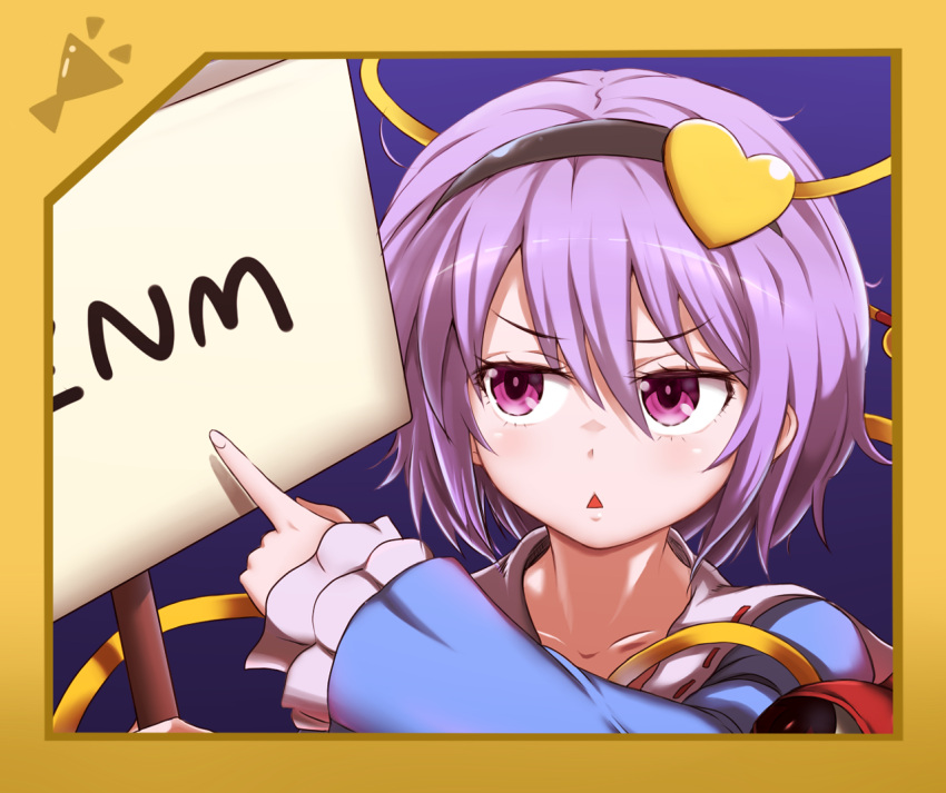 black_hairband blue_shirt blush collared_shirt commentary_request cookie_(touhou) enperuto_(yarumi) female frilled_sleeves frills hair_between_eyes hair_ornament hairband heart heart_hair_ornament holding holding_sign komeiji_satori long_sleeves looking_to_the_side mashiroma_zenima open_mouth pink_eyes pink_hair ribbon_trim shirt short_hair sign solo touhou triangle_mouth upper_body