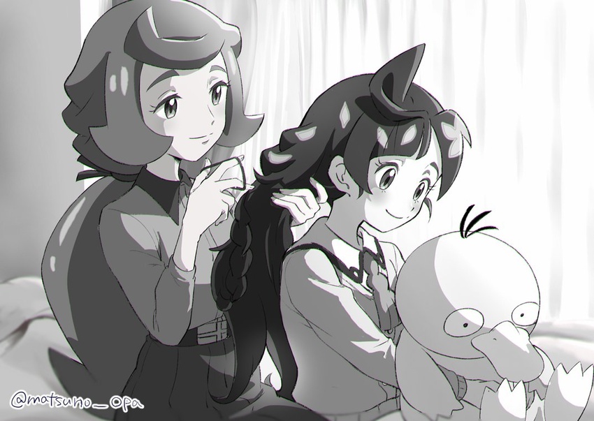 2girls adjusting_hair alternate_hairstyle artist_name ascot bad_id bad_twitter_id blush character_doll chloe_(pokemon) chrysa_(pokemon) closed_mouth collared_shirt commentary_request curtains doll eyelashes greyscale hair_down holding holding_doll indoors long_hair matsuno_opa monochrome multiple_girls pokemon pokemon_(anime) pokemon_journeys psyduck shirt sitting smile tied_hair watermark