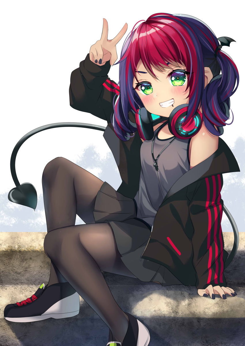 absurdres aged_down black_hair black_nails black_pantyhose blush female genderswap_(mtf) green_eyes grin headset highres ikazu401 jacket jewelry multicolored_hair nail_polish necklace nijisanji nijisanji_id pantyhose purple_hair red_hair riksa_dhirendra rule_63 shoes sitting skirt smile sneakers solo tail tank_top thighs v virtual_youtuber