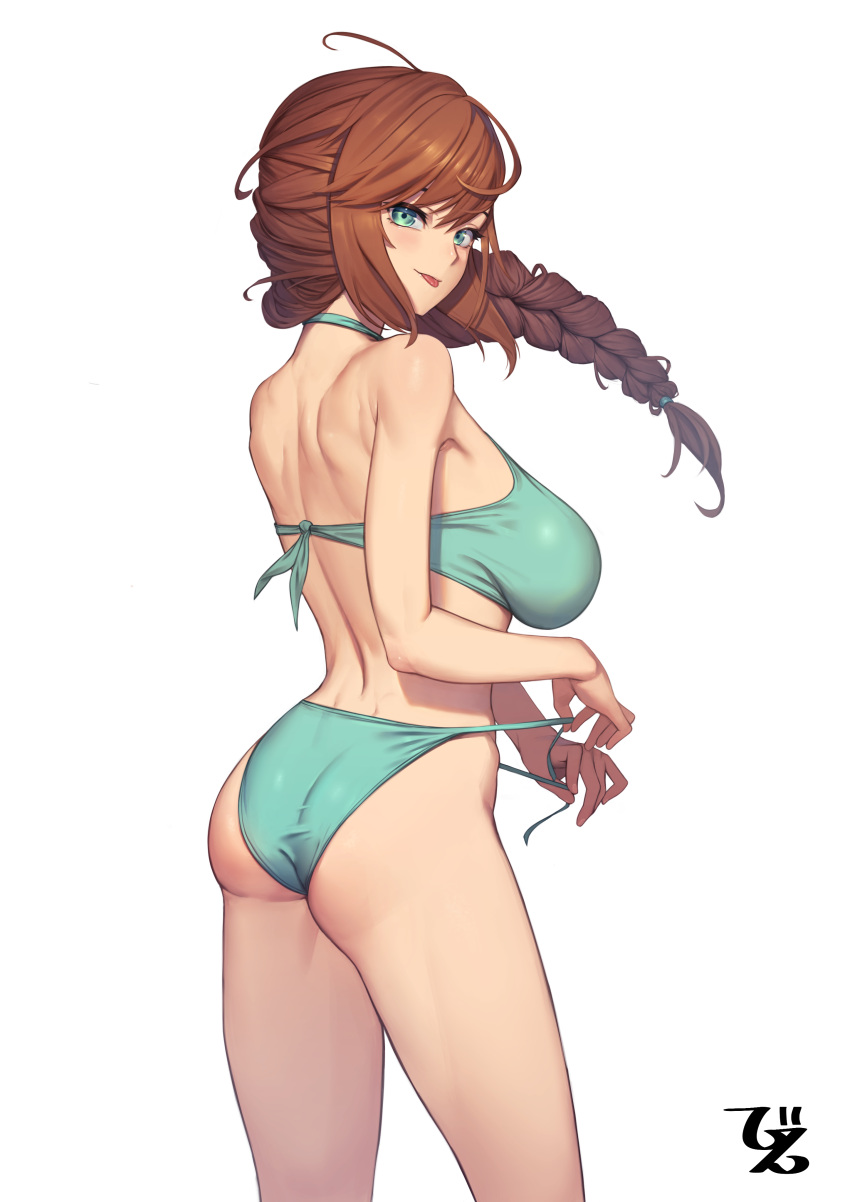 :p absurdres artist_name ass back bare_arms bare_shoulders beeeeen benevolent_leanne bikini braid braided_ponytail breasts brown_hair closed_mouth commentary_request commission cowboy_shot female floating_hair from_behind green_bikini green_eyes hair_between_eyes halterneck highres large_breasts last_origin long_hair looking_at_viewer looking_back partial_commentary pixiv_commission shoulder_blades signature simple_background single_braid smile solo standing string_bikini swimsuit tongue tongue_out untied_bikini untying white_background