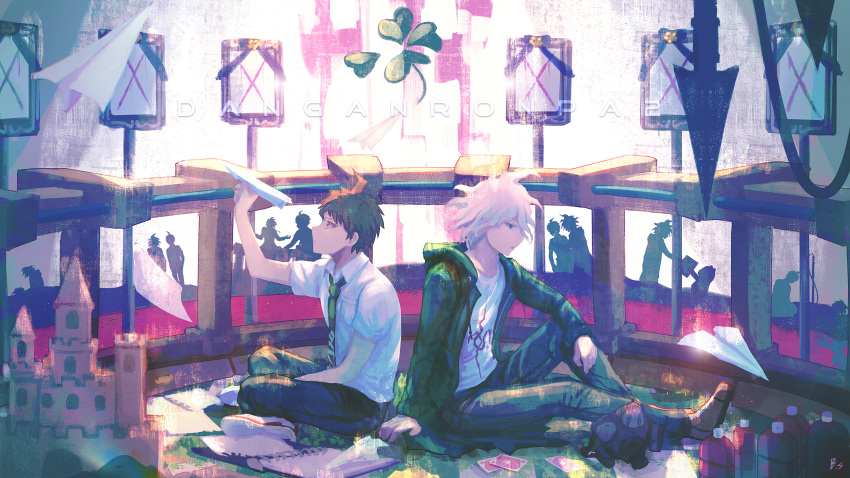 2boys absurdres ahoge bangs black_hair bottle brown_hair card clover coat collared_shirt computer copyright_name danganronpa_(series) danganronpa_2:_goodbye_despair four-leaf_clover from_side green_coat green_neckwear highres hinata_hajime holding huge_filesize iei impaled indian_style knee_up komaeda_nagito male_focus multiple_boys necktie open_clothes pants paper paper_airplane playing_card print_shirt shirt shoes short_hair short_sleeves sitting sneakers spoilers white_hair white_shirt zhuo_ying