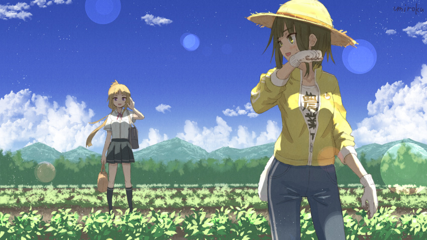 2girls :d artist_name bag black_hair black_legwear black_skirt blonde_hair blue_pants blue_sky brown_headwear clothes_writing cloud collared_shirt commentary_request commission day dress_shirt field floating_hair gloves hand_up hat jacket kneehighs long_hair long_sleeves multiple_girls nogi_wakaba nogi_wakaba_wa_yuusha_de_aru open_mouth outdoors pants pleated_skirt purple_eyes school_bag school_uniform shiratori_utano shirt signature skeb_commission skirt sky smile socks standing straw_hat towel umiroku very_long_hair white_gloves white_shirt yellow_eyes yellow_jacket yuuki_yuuna_wa_yuusha_de_aru yuusha_de_aru