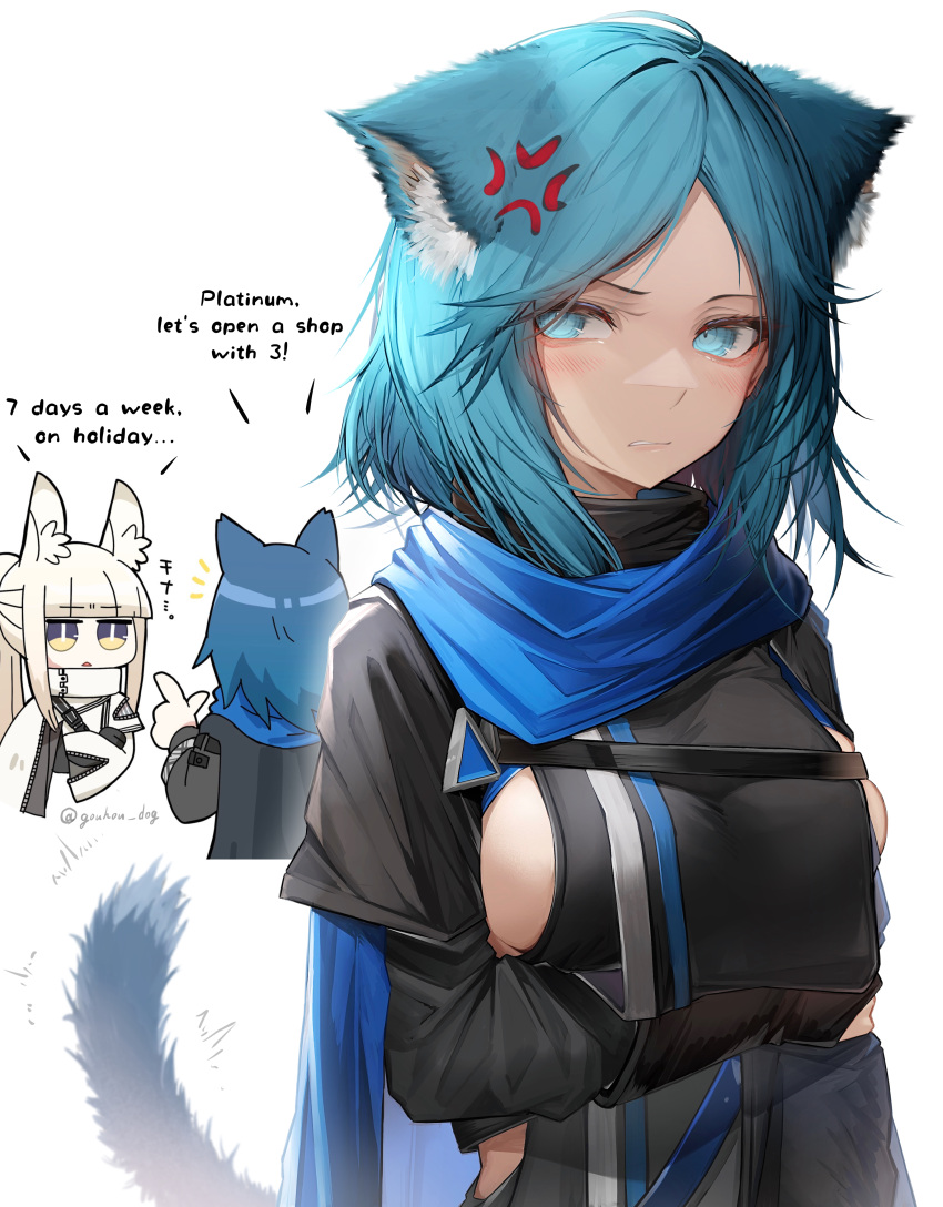 1boy 2girls absurdres anger_vein angry animal_ears arknights blue_eyes blue_hair breasts cat_ears cat_girl cat_tail collaboration dog-san english_text highres horse_ears horse_girl jealous monique_(arknights) multiple_girls platinum_(arknights) roy_(arknights) scarf sideboob tab_head tail white_background