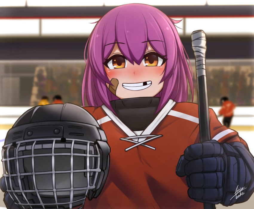 3others aged_down airisubaka alternate_costume alternate_hairstyle artist_name bandaid bandaid_on_cheek bandaid_on_face blurry blurry_background blush brown_eyes commentary english_commentary female hand_up helmet hockey_helmet hockey_stick hockey_sweater hockey_uniform holding ice_hockey leah_(airisubaka) lolicon long_hair looking_at_viewer missing_tooth multiple_others original people purple_hair red_shirt shirt smile solo_focus