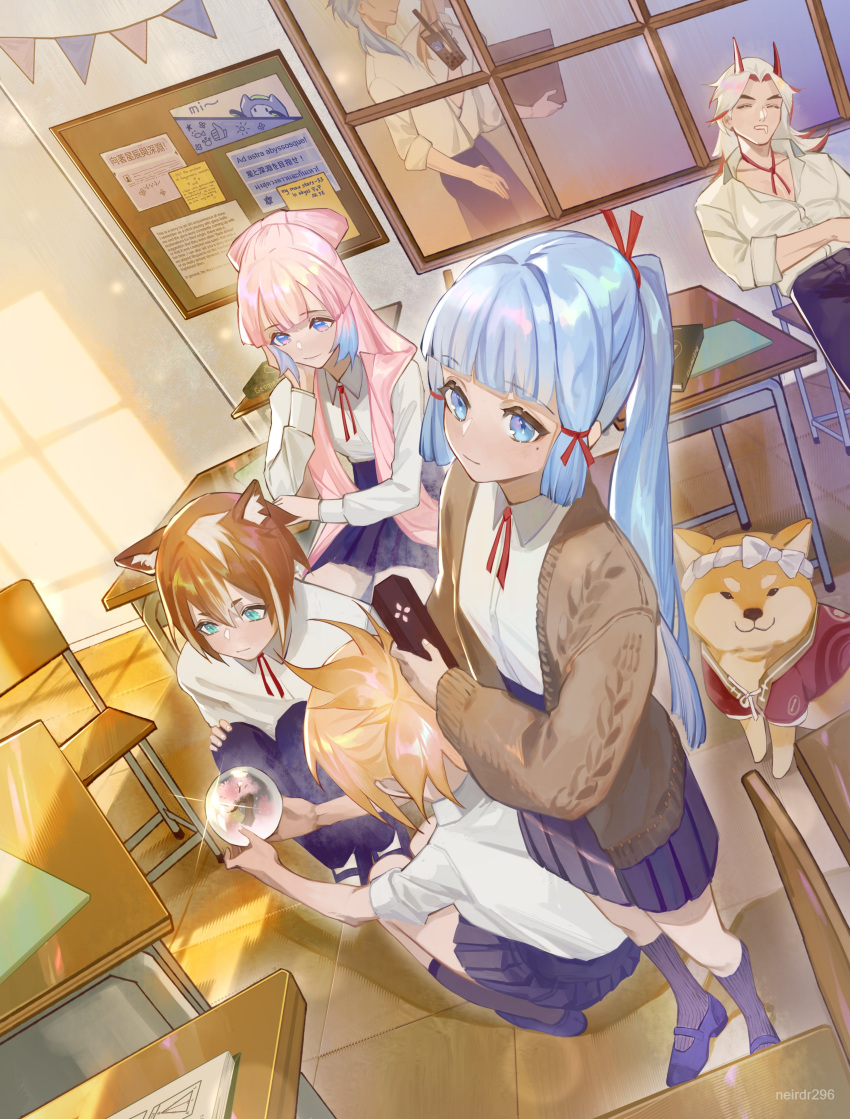 1other 3boys 3girls absurdres alternate_costume animal animal_ear_fluff animal_ears arataki_itto artist_name blonde_hair blue_hair bongo_cat book bow bow-shaped_hair box breasts brown_hair bubble_tea bulletin_board canine cardigan chair chinese_text classroom collared_shirt colored_tips commentary contemporary cup desk dog_boy dog_ears drooling english_text foreshortening genshin_impact gorou_(genshin_impact) gradient_hair hair_ribbon hand_on_own_chin hand_up head_rest highres holding holding_box holding_cup holding_orb horns indoors jacket kamisato_ayaka kamisato_ayato kneehighs kneeling latin_text long_hair medium_hair meme mihoyo mimo_(mihoyo) mixed-language_text mouth_drool multicolored_hair multiple_boys multiple_girls neck_ribbon neirdr1 pants partially_unbuttoned pleated_skirt ponytail red_hair red_ribbon ribbon sangonomiya_kokomi school_chair school_desk school_uniform shiba_inu shirt short_hair sidelocks sitting skirt sleeves_rolled_up small_breasts socks streaked_hair string_of_flags symbol-only_commentary taroumaru_(genshin_impact) thai_text translated white_hair white_jacket white_shirt window yoimiya_(genshin_impact)