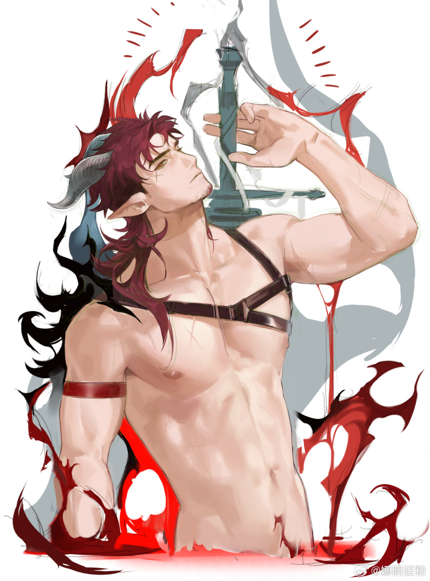 1boy abs arknights bara chest_harness code2_ip cropped_torso demon_boy demon_horns facial_hair fighting_stance goatee hand_up harness head_tilt highres hoederer_(arknights) horns large_pectorals long_hair looking_at_viewer male_focus mature_male muscular muscular_male navel nipples nude pectorals pointy_ears ready_to_draw red_hair sanpaku solo stomach thick_eyebrows