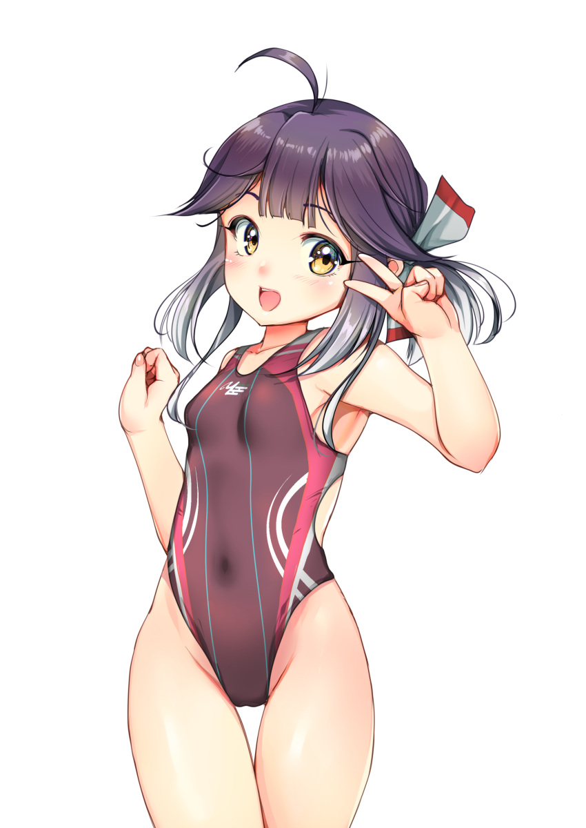 absurdres alternate_costume blush breasts competition_swimsuit covered_navel cowboy_shot female grey_hair hair_between_eyes hair_ribbon hayanami_(kancolle) highleg highleg_swimsuit highres kantai_collection looking_at_viewer one-piece_swimsuit open_clothes open_mouth ponytail purple_hair ribbon short_hair smile solo swimsuit white_ribbon yashin_(yasinz) yellow_eyes