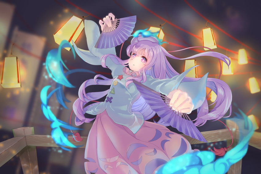 arms_up blue_shirt blue_sleeves breasts buttons circle closed_mouth cross female hair_between_eyes hand_fan hands_up hata_no_kokoro highres lamp long_hair long_skirt long_sleeves looking_at_viewer mask medium_breasts night night_sky pink_eyes pink_skirt purple_hair shirt skirt sky solo star_(symbol) touhou triangle wankosoba_(wanwan_soba) wide_sleeves