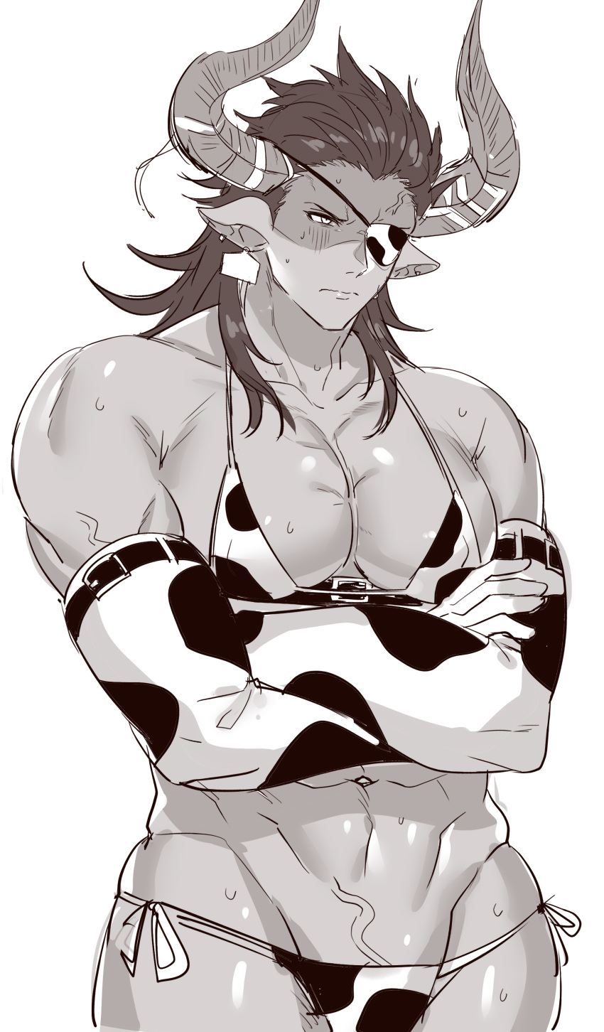 1boy abs absurdres alternate_costume animal_ears animal_print bara black_panties bra bulge chiharudaaaaaaa chinese_zodiac cow_boy cow_ears cow_horns cow_print cowboy_shot crossdressing crossed_arms draph elbow_gloves eyepatch gloves granblue_fantasy groin highres horns large_pectorals long_hair male_focus mature_male monochrome multicolored_clothes multicolored_panties muscular muscular_male navel obliques panties pectoral_cleavage pectorals pointy_ears print_bra print_panties reinhardtzar sideburns sidepec solo stomach thighs underwear white_panties year_of_the_ox