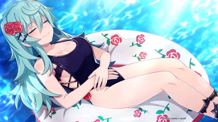 afloat blue_one-piece_swimsuit blush breasts cleavage closed_eyes company_name female floral_print flower green_hair hair_between_eyes hair_flower hair_ornament highres innertube lens_flare long_hair lying mary_skelter medium_breasts messy_hair nanameda_kei ocean official_art on_back one-piece_swimsuit red_flower red_rose rose rose_print sideboob sleeping_beauty_(mary_skelter) smile solo source_request swim_ring swimsuit