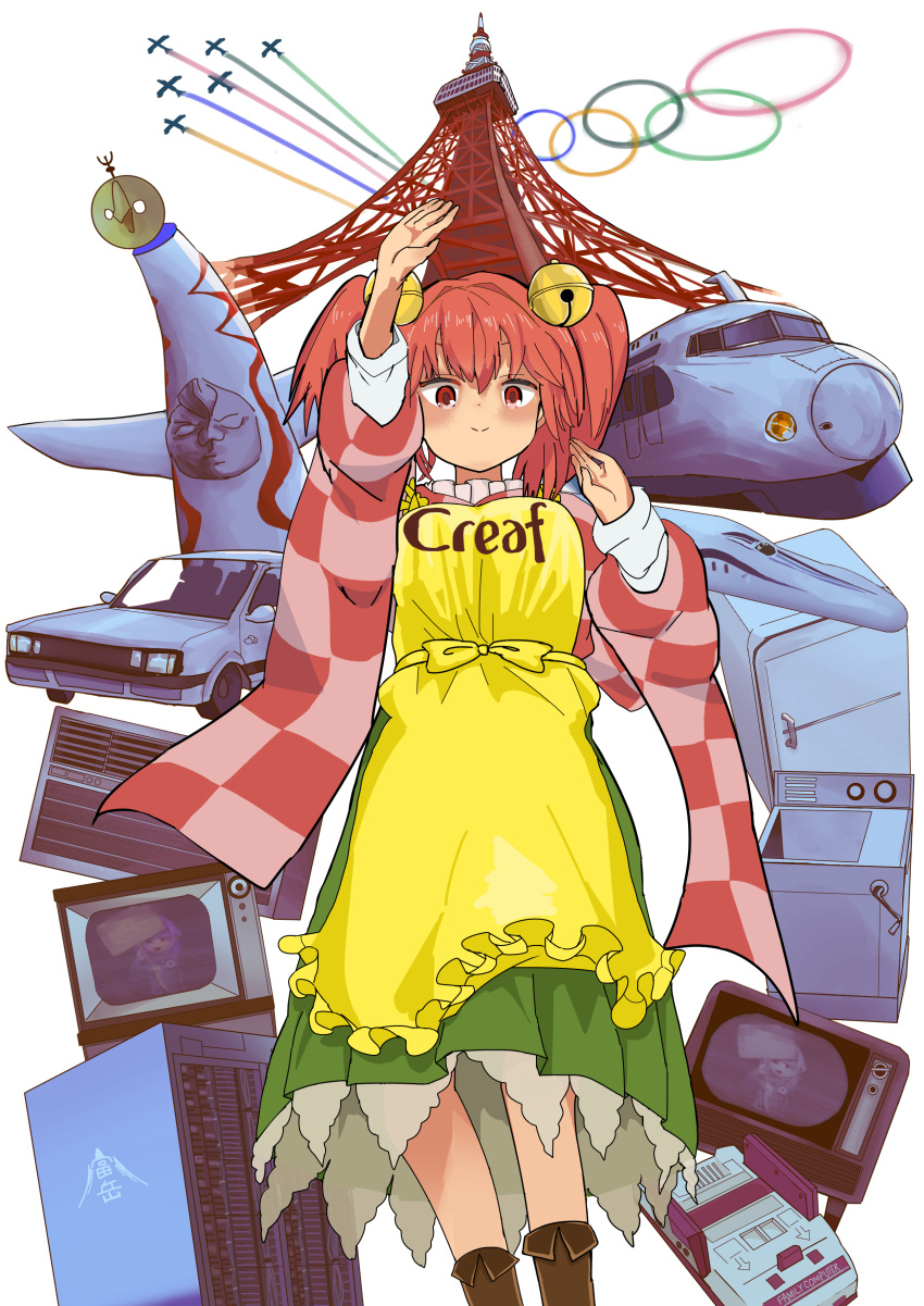 absurdres apron bell blush boots breasts brown_footwear car checkered_clothes checkered_kimono closed_mouth commentary_request contrail cookie_(touhou) creaf_(cookie) famicom feet_out_of_frame female frilled_apron frills game_console green_skirt hair_bell hair_between_eyes hair_ornament highres japanese_clothes jingle_bell kimono komeiji_satori long_sleeves looking_at_viewer mashiroma_zenima medium_breasts medium_hair motoori_kosuzu motor_vehicle olympic_rings olympics orange_hair pink_kimono red_eyes red_kimono refrigerator shinkansen shouwa skirt smile solo television toaru_yuuzaa tokyo_tower touhou transparent_background twintails yellow_apron