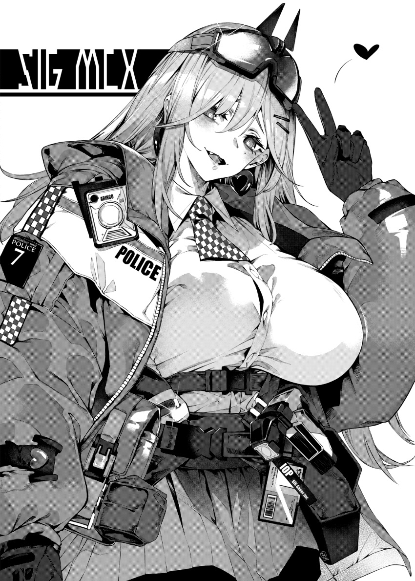 ascot belt breasts buckle character_name collared_shirt earrings eyewear_on_head female girls'_frontline gloves greyscale hair_ornament hairclip heart heart_earrings highres iapoc jacket jewelry large_breasts long_hair mole mole_under_eye monochrome open_clothes open_jacket open_mouth police police_uniform safety_glasses shirt shirt_tucked_in sig_mcx_(girls'_frontline) simple_background skirt smile snap-fit_buckle solo taser uniform utility_belt