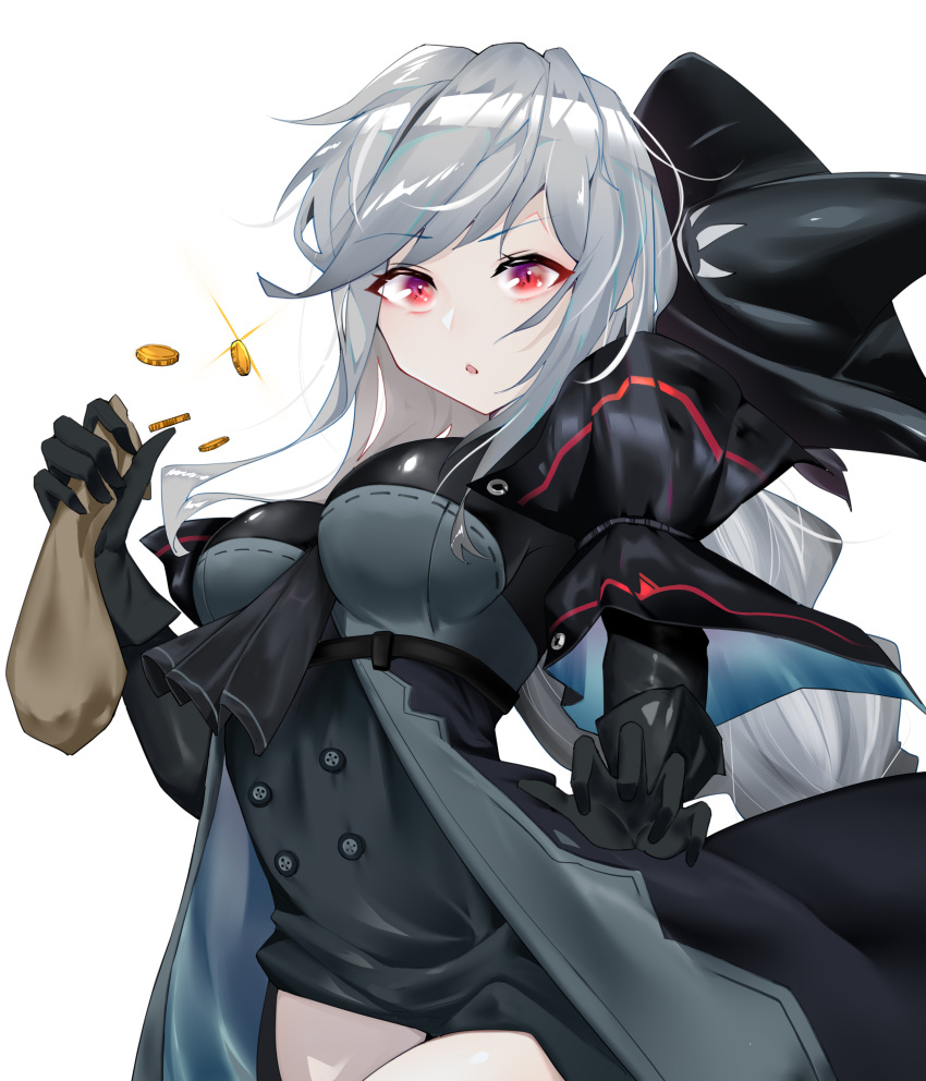 absurdres arknights bag black_gloves coin female gloves grey_hair highres holding holding_bag jacket long_hair ponytail red_eyes scar scar_on_face simple_background skadi_(arknights) skadi_(elite_ii)_(arknights) solo white_background xiudie