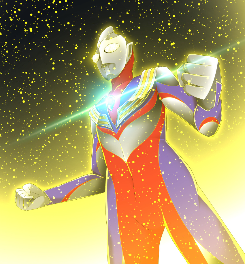 1boy absurdres alien aura color_timer commentary_request glitter_tiga glowing glowing_eyes highres kal_(kaerutoyomu) light_particles male_focus shiny solo tokusatsu ultra_series ultraman_tiga ultraman_tiga_(series) yellow_eyes