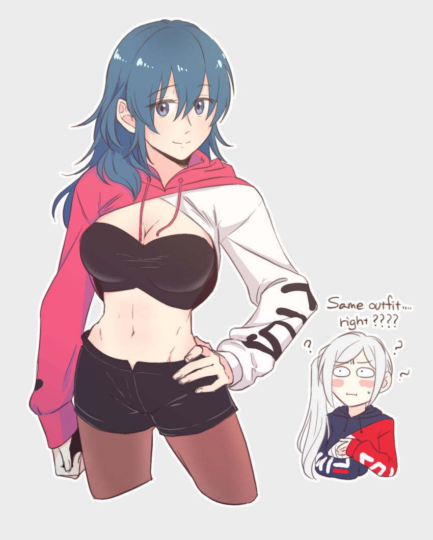 2girls ? \||/ alternate_costume black_bra black_bustier black_shorts blue_eyes blue_hair blush blush_stickers bra breast_envy breasts brown_pantyhose bustier byleth_(female)_(fire_emblem) byleth_(fire_emblem) cleavage closed_mouth commentary_request contemporary cropped_hoodie cropped_legs edelgard_von_hresvelg edie_crop_hoodie english_text fire_emblem fire_emblem:_three_houses grey_background grey_hair groin hair_between_eyes hand_on_own_hip highres hood hood_down hoodie large_breasts long_hair long_sleeves looking_at_another looking_at_viewer meme_attire midriff multiple_girls navel pantyhose pantyhose_under_shorts riromomo shorts side_ponytail simple_background smile standing stomach sweatdrop underwear upper_body yuri