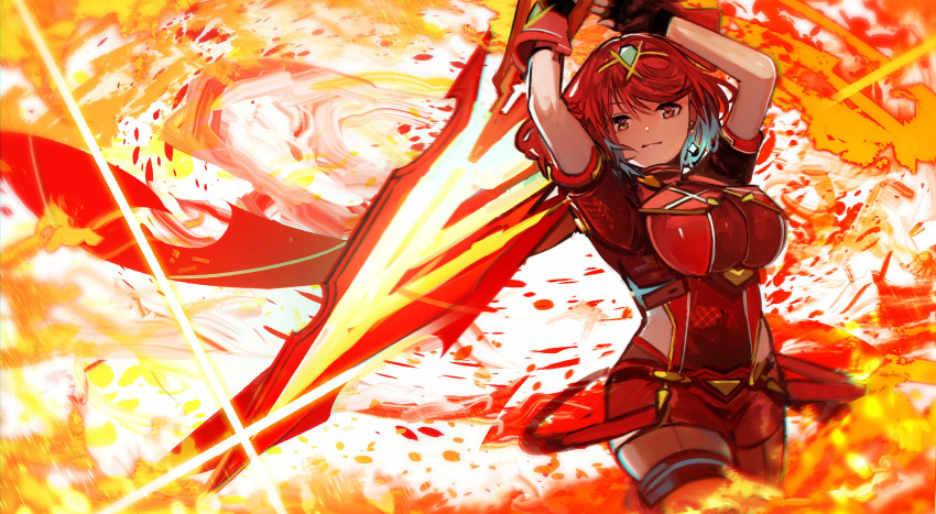 absurdres aegis_sword_(xenoblade) black_gloves breasts chest_jewel commentary_request earrings female fingerless_gloves fire gloves highres jewelry large_breasts leggings pyra_(xenoblade) red_eyes red_hair red_legwear red_shorts short_hair short_shorts shorts solo super_smash_bros. swept_bangs sword tarbo_(exxxpiation) thighhighs tiara weapon xenoblade_chronicles_(series) xenoblade_chronicles_2