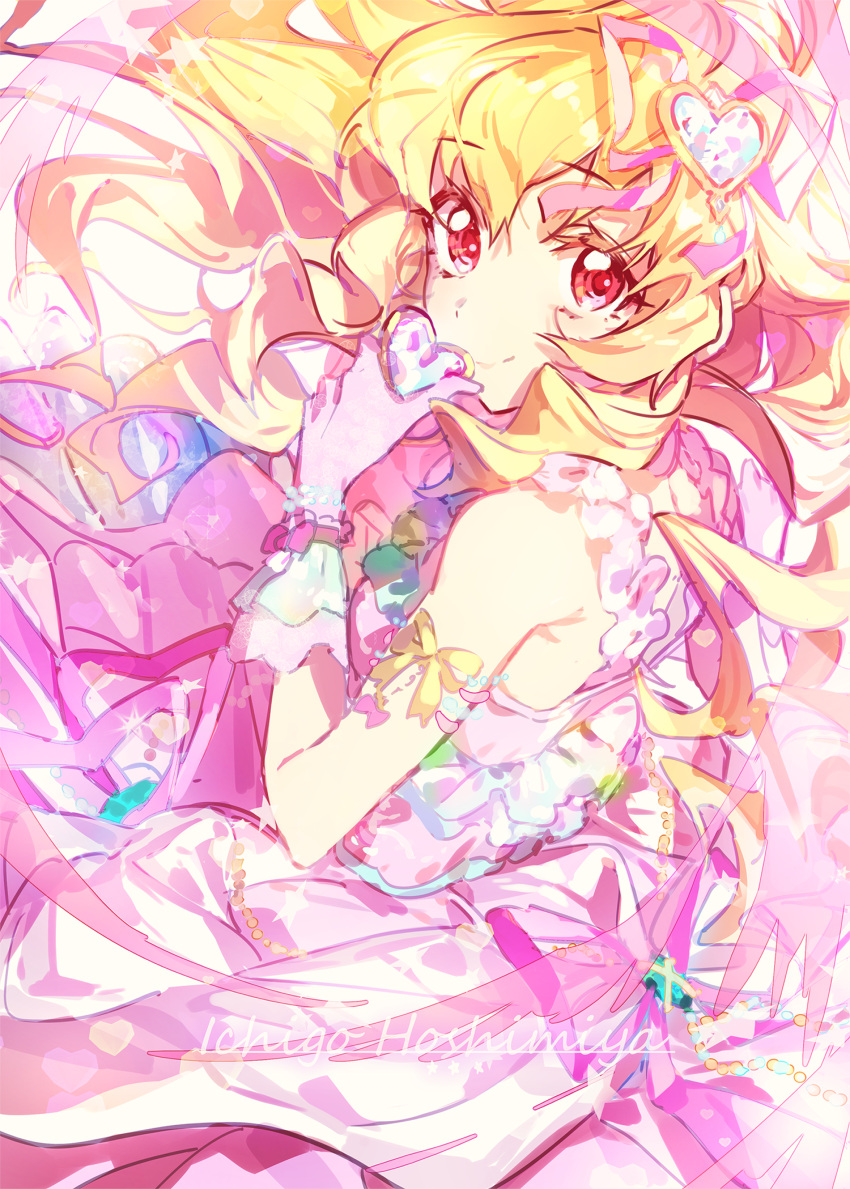 aikatsu! aikatsu!_(series) arm_ribbon blonde_hair closed_mouth colored_eyelashes commentary dress female floating_hair frilled_dress frilled_gloves frills gloves hair_ornament hair_ribbon hand_to_own_mouth heart heart_hair_ornament highres holding holding_heart hoshimiya_ichigo jewelry long_dress long_hair looking_at_viewer pink_dress pink_gloves pink_ribbon red_eyes ribbon smile solo very_long_hair wata_(attaka_towel) wings yellow_ribbon