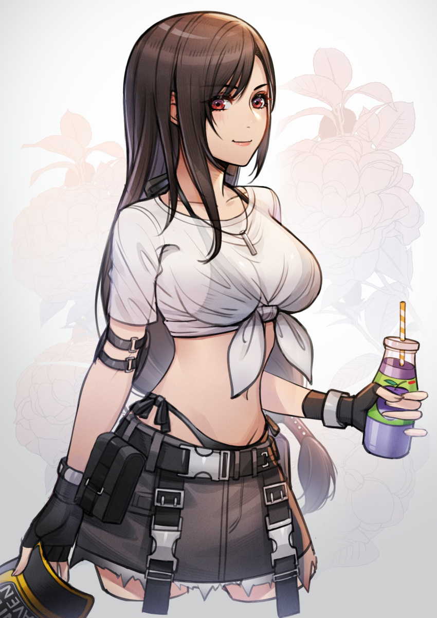 baseball_cap belt bikini bikini_under_clothes black_bikini black_gloves black_hair breasts brown_hair closed_mouth collarbone commentary cowboy_shot crop_top cropped_legs denim denim_skirt drink drinking_straw elbow_pads female final_fantasy final_fantasy_vii final_fantasy_vii_ever_crisis fingerless_gloves floral_background frayed_clothes frayed_skirt gloves gradient_background grey_skirt hat highleg highleg_bikini highres holding holding_clothes holding_drink holding_hat jewelry juice large_breasts light_blush long_hair looking_at_viewer low-tied_long_hair lukrevadraws midriff miniskirt navel necklace official_alternate_costume red_eyes see-through see-through_shirt shirt short_sleeves side-tie_bikini_bottom single_elbow_pad single_sidelock skirt smile solo swept_bangs swimsuit tied_shirt tifa_lockhart tifa_lockhart_(lifeguard) unworn_hat unworn_headwear very_long_hair wet wet_clothes wet_shirt white_shirt