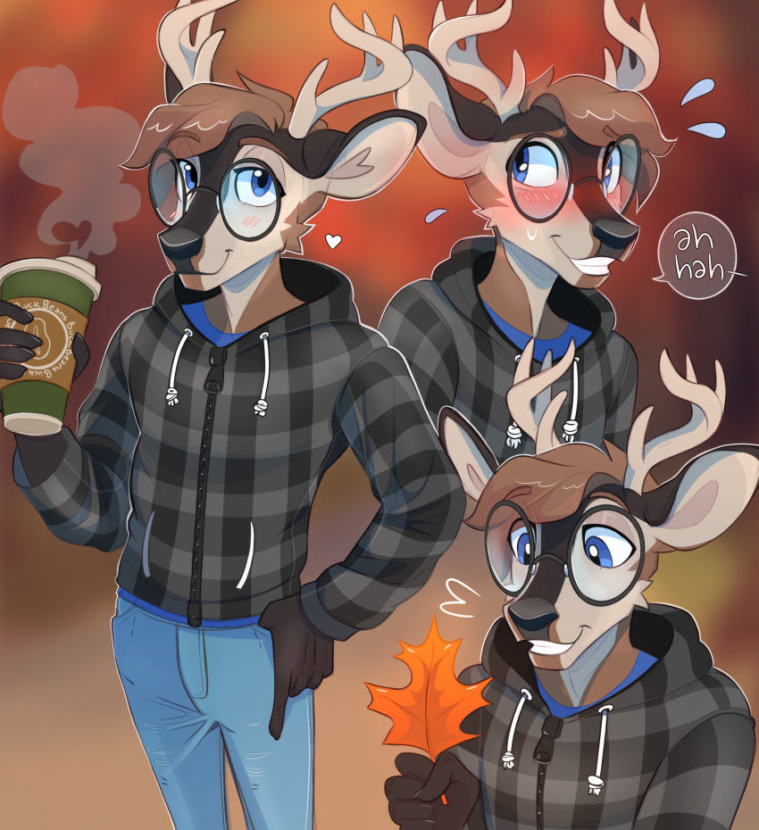 anthro antlers autumn autumn_leaves blurred_background blush bottomwear brown_body brown_fur brown_hair clay_(zephyzx) clothing coffee_cup container cup deer denim denim_bottomwear denim_clothing eyewear fur glasses hair half-closed_eyes heresvix hi_res hoodie horn jeans male mammal narrowed_eyes new_world_deer pants simple_background smile solo tan_body tan_fur topwear white-tailed_deer wide_eyed