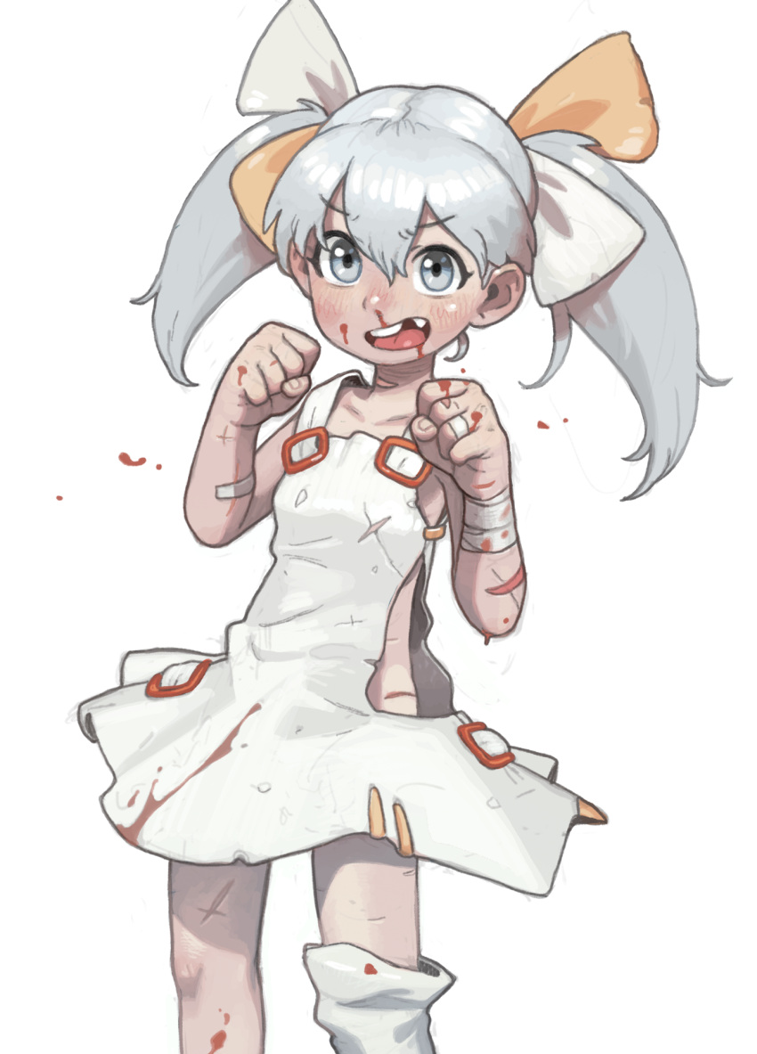 bandaged_arm bandages blood clenched_hands female grey_eyes grey_hair highres open_mouth opossumachine shirt simple_background tama_(wixoss) twintails white_background white_hair white_shirt wixoss