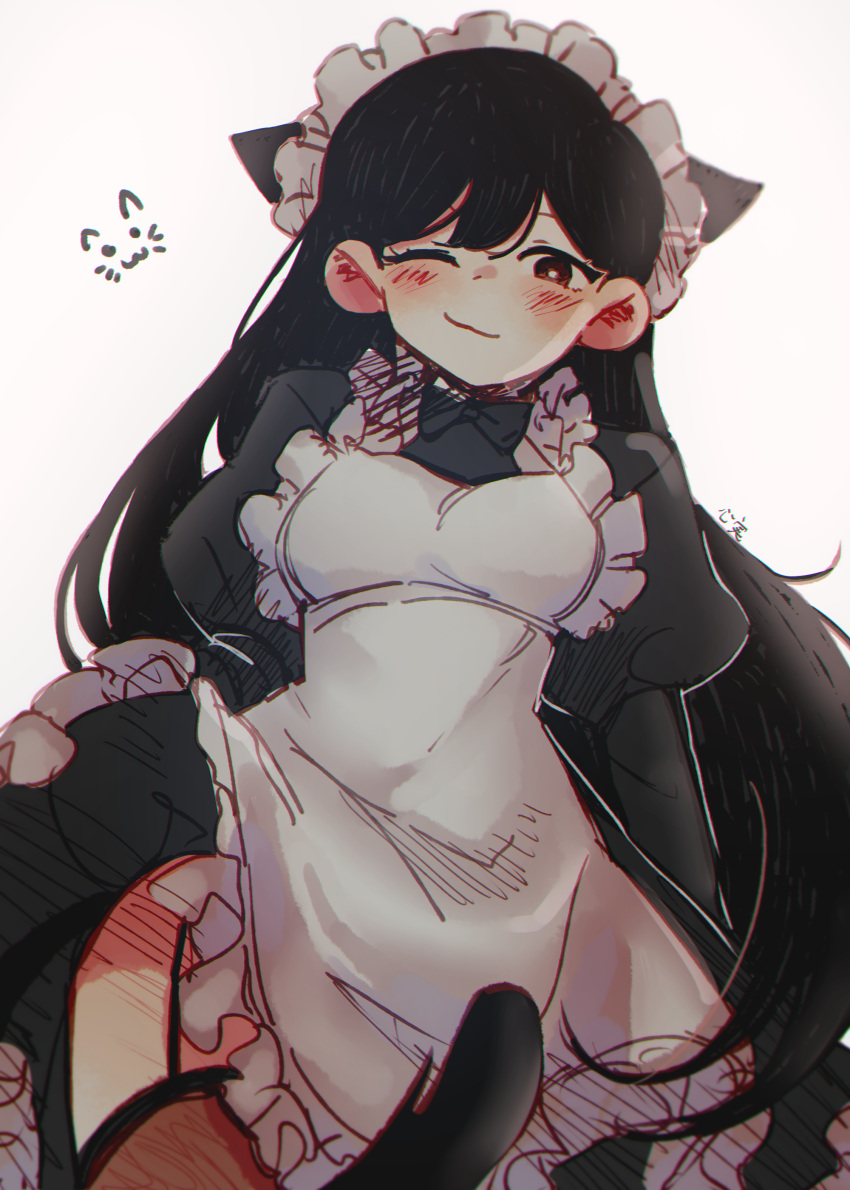 absurdres animal_ears apron bad_id bad_pixiv_id blush cat_ears cat_girl closed_mouth female highres kokomi_(aniesuakkaman) long_hair looking_at_viewer maid maid_apron maid_headdress mari_(faraway)_(omori) mari_(omori) omocat_(style) omori one_eye_closed simple_background smug solo thighs white_background