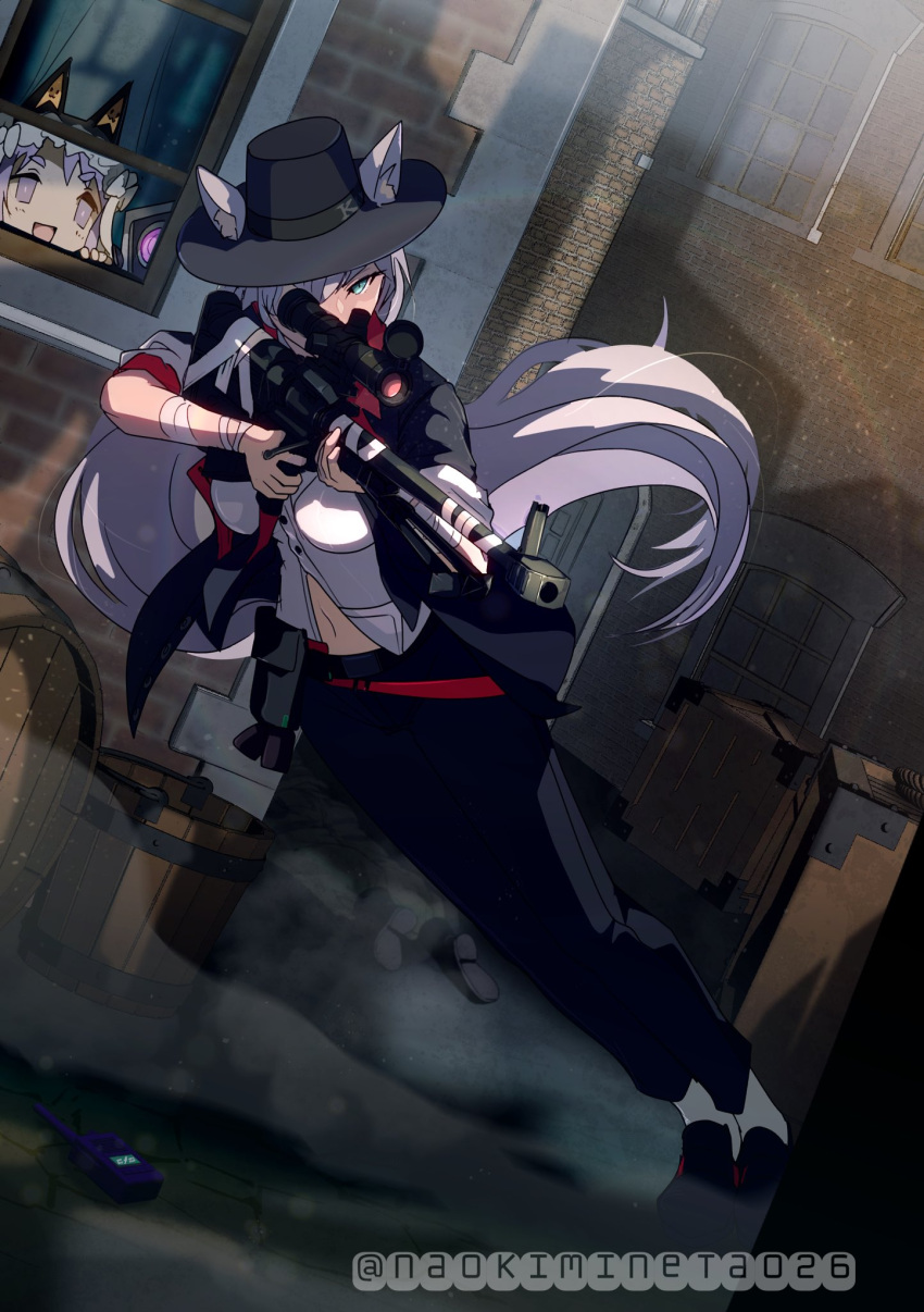 2girls :d aiming animal_ears aqua_eyes bandaged_arm bandages barrel black_headwear black_jacket building commentary_request commission cosplay counter-strike_(series) dinergate_(girls'_frontline) fake_animal_ears fedora girls'_frontline hat highres holding holding_weapon jacket ksvk_(darkside_moonwalk)_(girls'_frontline) ksvk_(girls'_frontline) ksvk_12.7 leaning_forward long_hair looking_outside michael_jackson michael_jackson_(cosplay) mineta_naoki multiple_girls navel p7_(girls'_frontline) peeking_out purple_eyes purple_hair shirt skeb_commission smile smooth_criminal socks twitter_username very_long_hair walkie-talkie weapon white_hair white_shirt white_socks window wooden_box