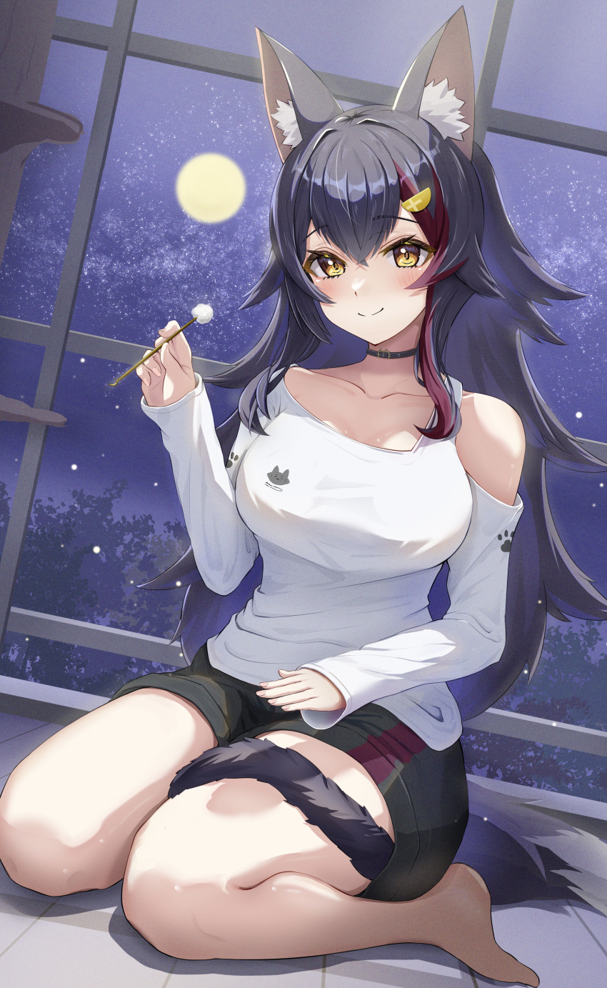 absurdres animal_ear_fluff animal_ears barefoot black_collar black_hair black_shorts blush breasts collar female full_moon highres hololive lap_pillow_invitation large_breasts long_hair looking_at_viewer mimikaki moon multicolored_hair official_alternate_costume ookami_mio ookami_mio_(casual) patting_lap red_hair shirt short_shorts shorts sky smile solo star_(sky) starry_sky streaked_hair tail tail_around_own_leg torakichi_888 virtual_youtuber white_shirt wolf_ears wolf_girl wolf_tail yellow_eyes