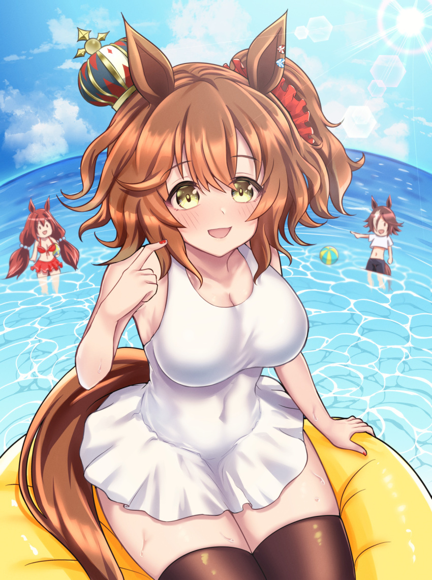 3girls alternate_costume animal_ears aston_machan_(umamusume) ball beachball bikini black_thighhighs breasts brown_hair cleavage commentary_request crown daiwa_scarlet_(trifle_vacation)_(umamusume) daiwa_scarlet_(umamusume) ear_ornament front-tie_bikini_top front-tie_top green_eyes highres horse_ears horse_girl horse_tail innertube large_breasts long_hair low_twintails male_swimwear medium_hair multicolored_hair multiple_girls nail_polish ocean official_alternate_costume one-piece_swimsuit open_mouth outdoors partially_submerged ponytail red_bikini red_hair red_nails shirt short_sleeves smile solo_focus streaked_hair swim_ring swim_trunks swimsuit tail teaclaw thighhighs tilted_headwear twintails umamusume very_long_hair vodka_(umamusume) water white_hair white_one-piece_swimsuit white_shirt yellow_innertube