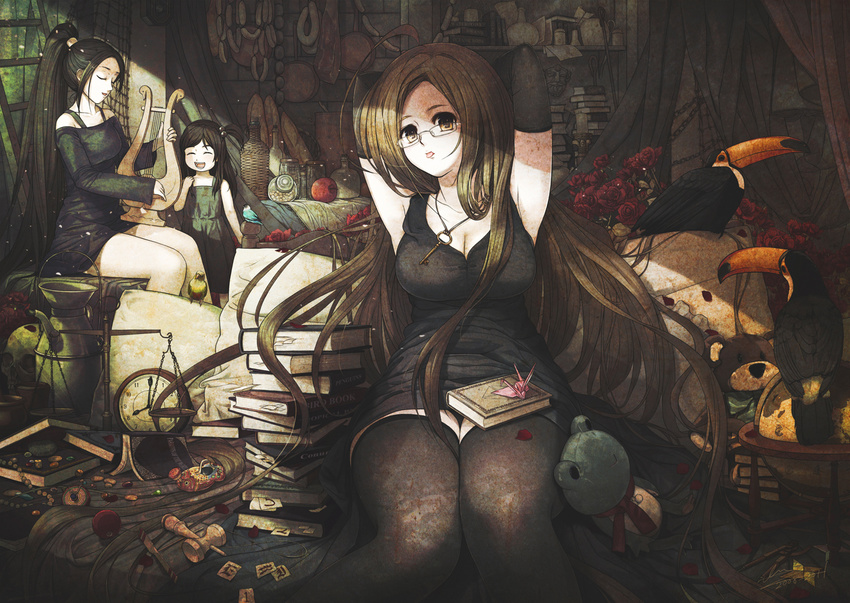 3girls bird black_legwear book book_stack bread breasts cleavage commentary_request eri_(artist) flower food glasses harp instrument jewelry key key_necklace large_breasts multiple_girls necklace origami original paper_crane photoshop_(medium) rose sausage skull smile thighhighs tongue tongue_out zettai_ryouiki