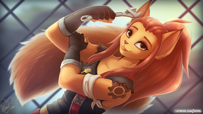 16:9 2018 alternate_species anthro blizzard_entertainment brigitte_(overwatch) clothed clothing eipril eyelashes female fingerless_gloves furrification gloves hair handwear hi_res holding_object long_hair looking_at_viewer mammal overwatch rodent sciurid smile solo text tools url widescreen wrench