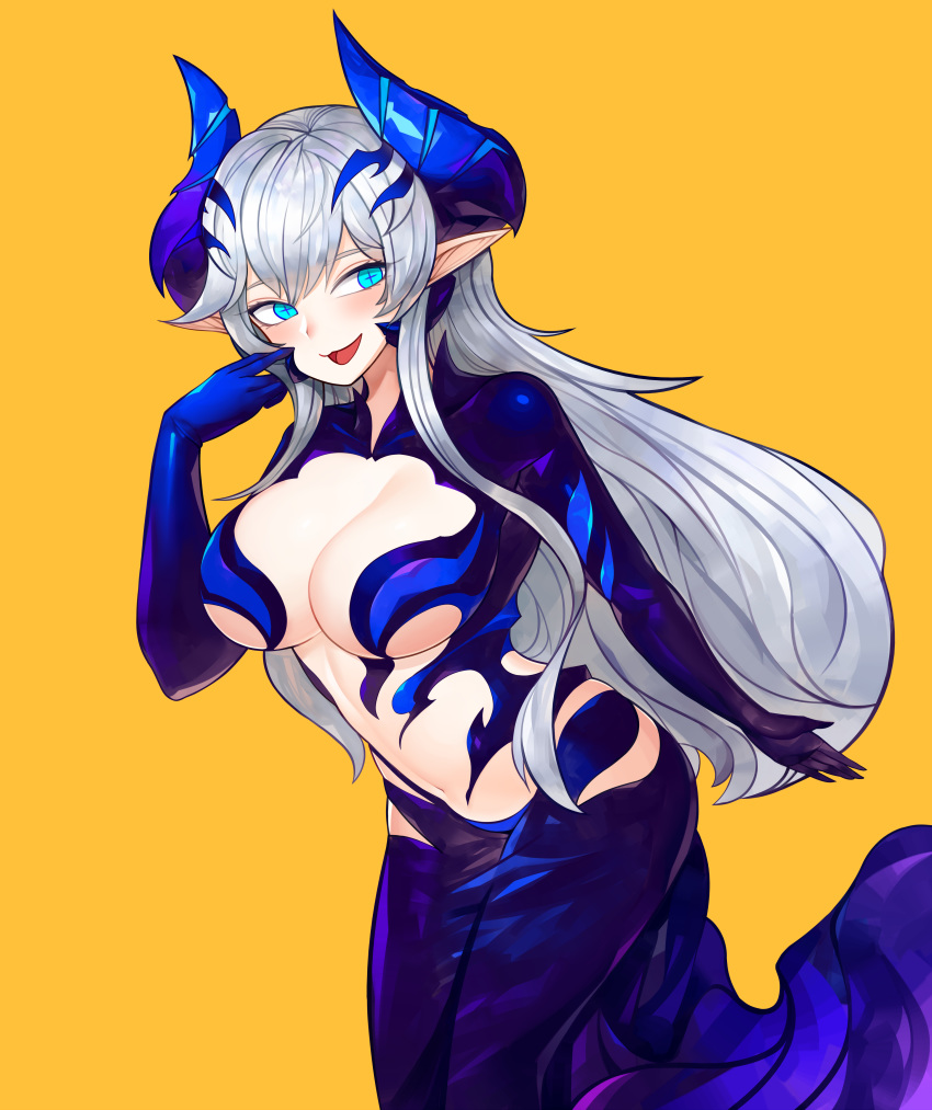 +_+ 3gs :d absurdres adjusting_hair blue_gloves blue_horns breasts center_opening cleavage commentary_request demon_girl demon_horns elbow_gloves elsword female gloves grey_hair hand_up highres horns iblis_(elsword) large_breasts leaning_forward long_hair looking_at_viewer luciela_r._sourcream navel open_mouth orange_background pointy_ears revealing_clothes simple_background smile solo standing very_long_hair