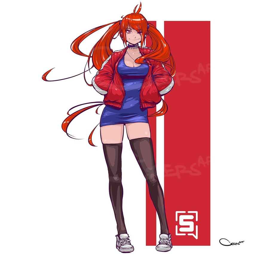 ;) antenna_hair black_thighhighs breasts cleavage collar commission covered_navel darren_geers dress female full_body hands_in_pockets headphones highres jacket long_hair long_legs medium_breasts one_eye_closed open_clothes open_jacket orange_hair original pigeon-toed red_(strippin) red_eyes red_jacket shoes short_dress signature simple_background smile sneakers solo swept_bangs thighhighs track_jacket twintails zettai_ryouiki