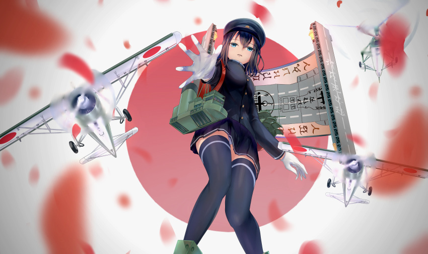 001machi absurdres aircraft airplane akitsu_maru_(kancolle) akitsu_maru_kai_(kancolle) aqua_eyes autogyro backpack bad_id bad_twitter_id bag black_hair black_headwear black_legwear black_skirt blurry blurry_foreground commentary gloves hat highres kantai_collection kayaba_ka-1 kokusai_ki-76 looking_at_viewer medium_hair military military_hat military_uniform miniskirt outstretched_arm peaked_cap petals pleated_skirt randoseru rigging skirt thighhighs uniform white_gloves zettai_ryouiki