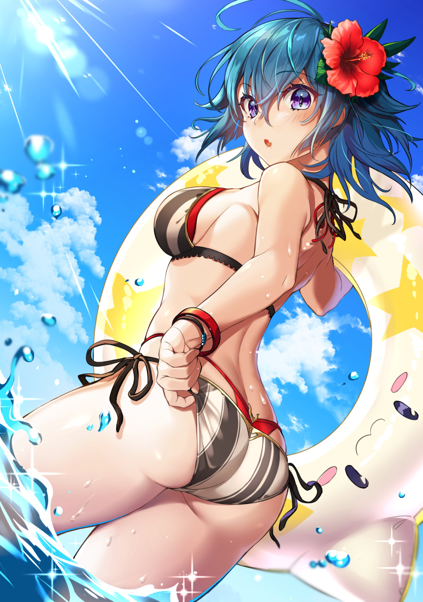 :o adjusting_clothes adjusting_swimsuit ahoge ass back bikini bikini_tug blue_hair bracelet cloud commentary_request crossed_bangs day female flower gen_(gen_m_gen) glint green_hair hair_between_eyes hair_flower hair_ornament highleg highleg_bikini highres innertube innertube_with_ears jewelry layered_bikini lifebuoy lips looking_at_viewer mismatched_bikini oerba_yun_fang open_mouth outdoors parted_lips partial_commentary purple_eyes puzzle_&_dragons red_bikini short_hair shoulder_blades side-tie_bikini_bottom sky string_bikini striped_bikini striped_clothes swim_ring swimsuit tamadra vertical-striped_bikini vertical-striped_clothes water water_drop zela_(p&d)