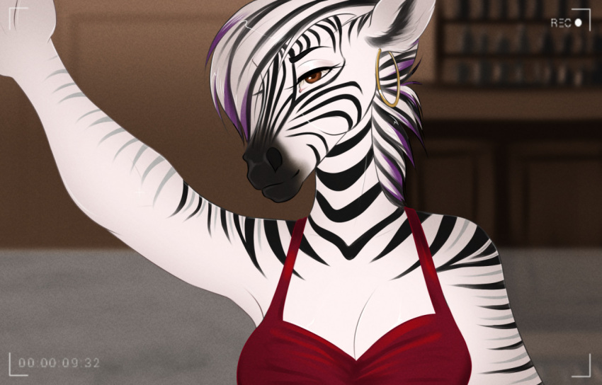 2022 anthro breasts brown_eyes camera_view clothing digital_media_(artwork) dress ear_piercing ear_ring equid equine eyebrows female fluffymare hair looking_at_viewer mammal multicolored_hair piercing raised_arm red_clothing red_dress ring_piercing solo striped_body stripes zeana_(wasen) zebra