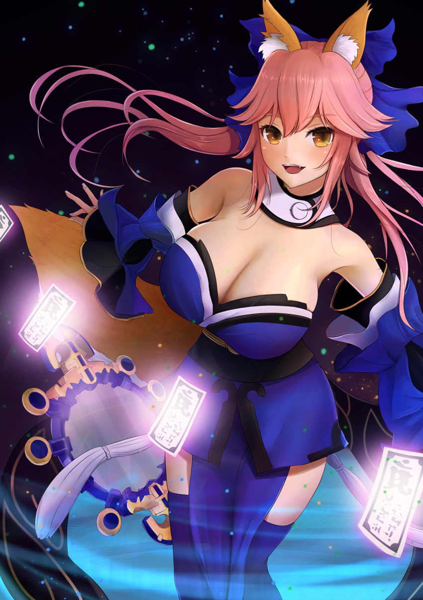 animal_ears bad_id bad_pixiv_id bare_shoulders blue_ribbon blue_thighhighs blush bow breasts cleavage commentary_request detached_sleeves fate/extra fate/grand_order fate_(series) female fox_ears fox_shadow_puppet fox_tail hair_ribbon hairbow highres japanese_clothes kannko_bokujou large_breasts long_hair mirror oerba_yun_fang open_mouth photoshop_(medium) pink_hair revision ribbon solo standing suiten_nikkou_amaterasu_yanoshisu_ishi tail tamamo_(fate) tamamo_no_mae_(fate/extra) thighhighs yellow_eyes