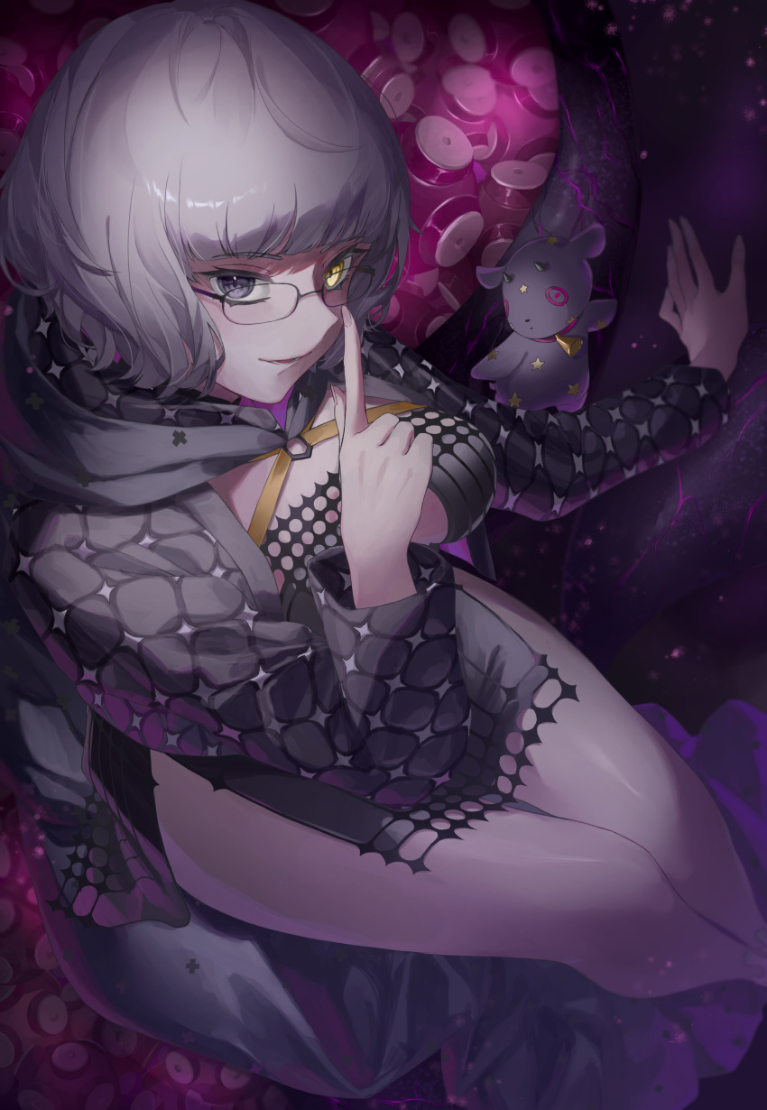 absurdres baphomet_(fate) black_dress blue_eyes breasts cleavage coat colored_skin commentary cropped_jacket dress fate/grand_order fate_(series) female finger_to_mouth glasses grey_hair grey_skin heterochromia highres hood ina_(rimuna_1228) jacket jacques_de_molay_(foreigner)_(fate) jacques_de_molay_(foreigner)_(second_ascension)_(fate) lamb large_breasts long_sleeves looking_at_viewer multicolored_eyes open_clothes open_jacket padded_coat sheep short_dress short_hair shushing smile solo stuffed_animal stuffed_toy tentacle thighs yellow_eyes