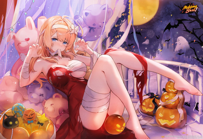 absurdres aihara_mai bandages barefoot bat_(animal) blonde_hair blue_eyes dress female full_body ghost hairband halloween highres mahjong_soul official_alternate_costume official_art paw_pose pumpkin red_dress sitting solo stuffed_animal stuffed_toy tears teddy_bear torn_clothes yukimiya_yuge