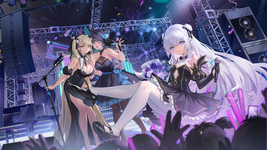 +_+ 3girls absurdly_long_hair absurdres adapted_costume alternate_costume audience azur_lane bare_shoulders black_dress black_footwear black_headwear blue_dress blue_eyes breasts brown_pantyhose cheshire_(azur_lane) cheshire_(cait_sith_crooner)_(azur_lane) cleavage concert detached_sleeves double_bun dress formidable_(azur_lane) glowstick hair_bun highres holding holding_microphone holding_microphone_stand idol juliet_sleeves large_breasts le_malin_(azur_lane) leaning_forward long_hair long_sleeves looking_at_viewer microphone microphone_stand multicolored_hair multiple_girls nianbingzi official_alternate_costume one_eye_closed open_mouth pantyhose puffy_sleeves purple_dress purple_hair see-through see-through_cleavage shoes speaker stage stage_lights streaked_hair twintails two-tone_ribbon very_long_hair white_hair white_pantyhose