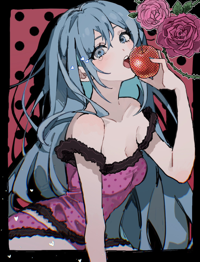 apple aqua_eyes aqua_hair aqua_nails biting blush chromatic_aberration collarbone commentary eating female flower food frilled_pajamas fruit hair_between_eyes halftone_texture hatsune_miku heart highres holding holding_food holding_fruit inu_totemo long_hair looking_at_viewer looking_to_the_side open_mouth pajamas pink_pajamas polka_dot polka_dot_background polka_dot_pajamas red_apple red_background red_flower red_rose romeo_to_cinderella_(vocaloid) rose skinny solo strap_slip teardrop thorns very_long_hair vocaloid