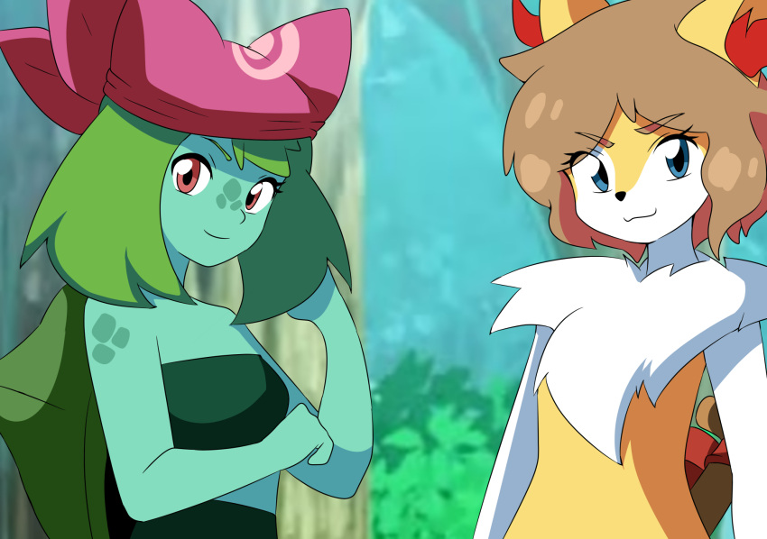 alternate_species anthro bandana braixen braixrena bulbasaur clothing crop_top duo eyebrow_through_hair eyebrows female generation_1_pokemon generation_6_pokemon green_hair hair hi_res kerchief may_(pokemon) nintendo pokemon pokemon_(species) serena_(pokemon) shirt short_hair spots strugetdraw topwear translucent translucent_hair