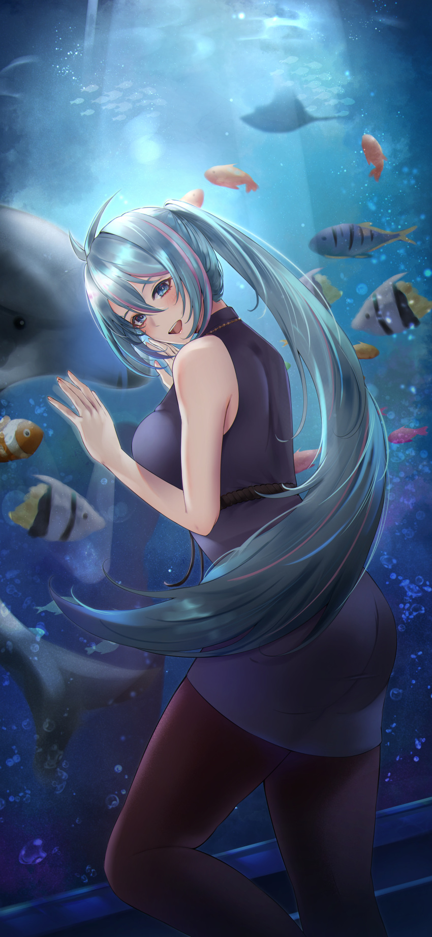 absurdres aquarium ass azura_cecillia azura_cecillia_(2nd_costume) black_pantyhose blue_eyes blue_hair butterflyfish clownfish commentary dolphin dress elvandec female fish floating_hair from_side grey_dress highres jack_(fish) leaning_forward long_hair looking_at_viewer multicolored_hair nijisanji nijisanji_id open_mouth pantyhose pink_hair ponytail smile solo stingray streaked_hair trevally tropical_fish very_long_hair virtual_youtuber