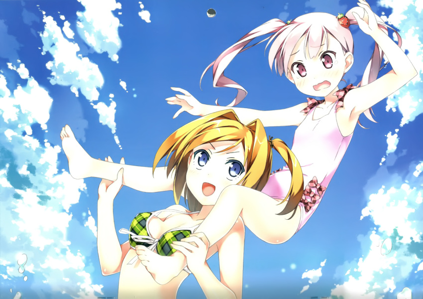 2girls :d absurdres ankle_grab armpits bare_shoulders barefoot bikini blonde_hair blue_eyes blue_sky casual_one-piece_swimsuit cloud cropped day feet food front-tie_top fruit highres kantoku long_hair miyaguchi_kanna miyaguchi_kei multiple_girls one-piece_swimsuit open_mouth original pink_eyes pink_hair plaid plaid_bikini siblings side_ponytail sisters sky smile strap_gap strawberry swimsuit tears