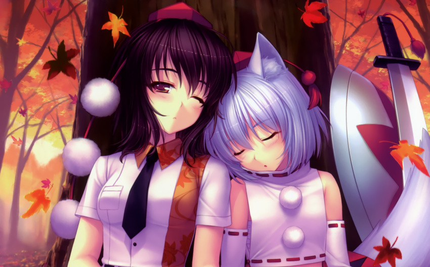 2girls animal_ears autumn brown_eyes brown_hair hat inubashiri_momiji katana leaves sayori shameimaru_aya short_hair sleeping sword tie touhou weapon white_hair wink wolfgirl