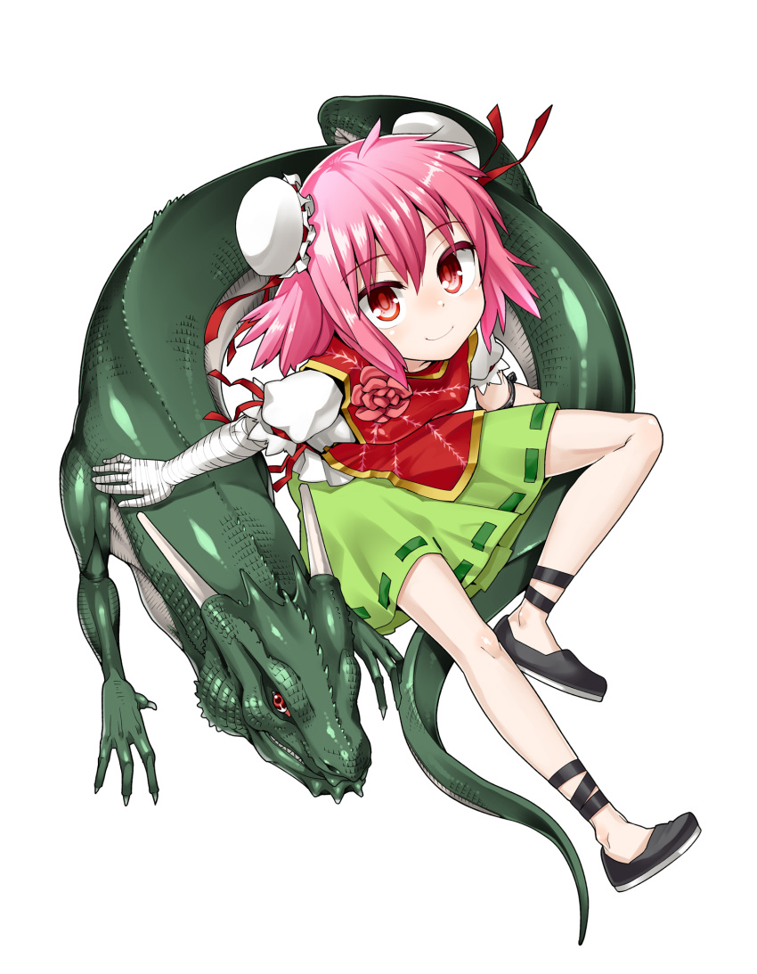 bad_id bad_pixiv_id bandages bare_legs bun_cover commentary_request double_bun dragon female gengorou hair_bun highres ibaraki_kasen looking_at_viewer looking_up no_socks photoshop_(medium) pink_hair red_eyes short_hair simple_background sitting smile solo touhou