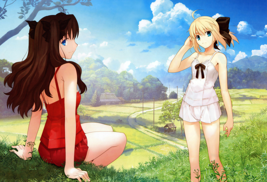 2girls absurdres ahoge alternate_costume aqua_eyes artoria_pendragon_(fate) ass back bare_legs bare_shoulders black_bow black_ribbon blonde_hair blue_eyes blue_sky bow breasts brown_hair camisole cleavage cloud day dirt_road fate/stay_night fate/unlimited_codes fate_(series) field grass hair_ribbon hairbow hand_in_own_hair highres hill house long_hair long_legs looking_at_viewer looking_back multiple_girls outdoors photoshop_(medium) pleated_shorts ponytail power_lines profile red_camisole red_shorts revision ribbon rice_paddy road rural saber_(fate) saber_(summer_memory)_(fate) scenery shadow short_shorts shorts sideways_mouth sitting sky small_breasts spaghetti_strap standing takeuchi_takashi tohsaka_rin tree two_side_up utility_pole well white_camisole white_shorts