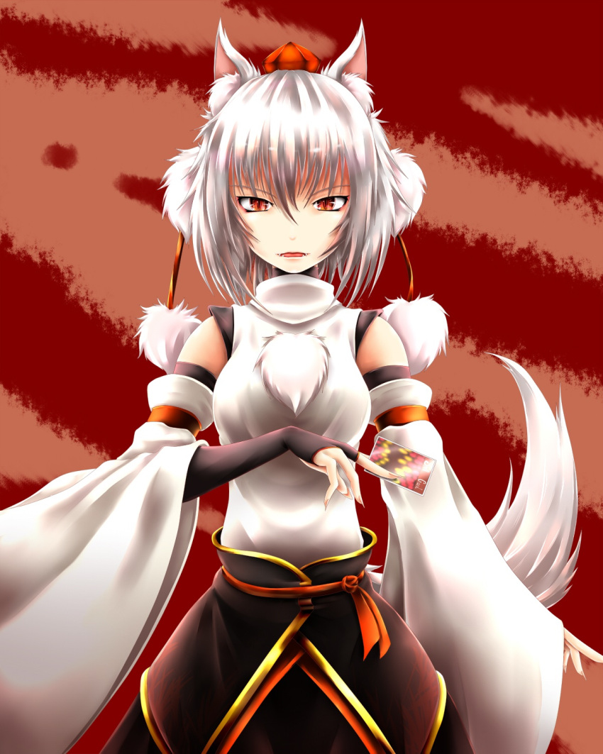 animal_ears card commentary_request detached_sleeves fangs female fingerless_gloves gloves hat highres inubashiri_momiji inyuppo open_mouth pom_pom_(clothes) red_eyes slit_pupils solo tail tokin_hat touhou white_hair wolf_ears wolf_tail