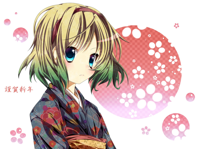 alice_margatroid alternate_costume alternate_hair_color bad_id bad_pixiv_id blonde_hair blue_eyes chrysanthemum colored_tips female floral_print floral_print_sash flower furisode gradient_hair green_hair hairband hikobae japanese_clothes kikumon kimono multicolored_hair new_year obi peony_(flower) sash short_hair solo touhou upper_body