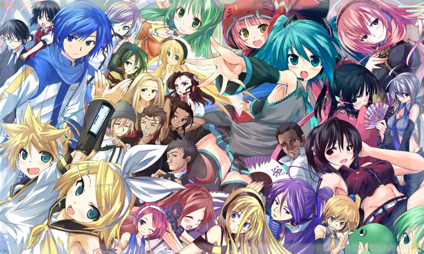 6+boys 6+girls 66_(roro) absolutely_everyone ahoge akikoloid-chan akita_neru annotated aqua_eyes aqua_hair arm_warmers big_al black_hair blonde_hair blue_eyes blue_hair blue_scarf bow brown_eyes brown_hair cellphone commentary crop_top daidou_(demitasse) detached_sleeves everyone flower formal glasses green_eyes green_hair grey_hair grin gumi hair_flower hair_ornament hair_ribbon hairbow hairclip hand_fan hat hatsune_miku headphones headset highres hiyama_kiyoteru japanese_clothes kaai_yuki kagamine_len kagamine_rin kaito_(vocaloid) kamui_gakupo leon_(vocaloid) lily_(vocaloid) lola_(vocaloid) long_hair megurine_luka meiko_(vocaloid) midriff miriam_(vocaloid) multiple_boys multiple_girls nail_polish navel necktie nekomura_iroha open_mouth phone pink_hair ponytail prima primina red_eyes red_hair ribbon ryuuto_(vocaloid) scarf sf-a2_miki short_hair skirt smile sonika suit sweet_ann thighhighs tonio twintails utatane_piko vocaloid vy1 vy2 yellow_eyes yowane_haku zettai_ryouiki