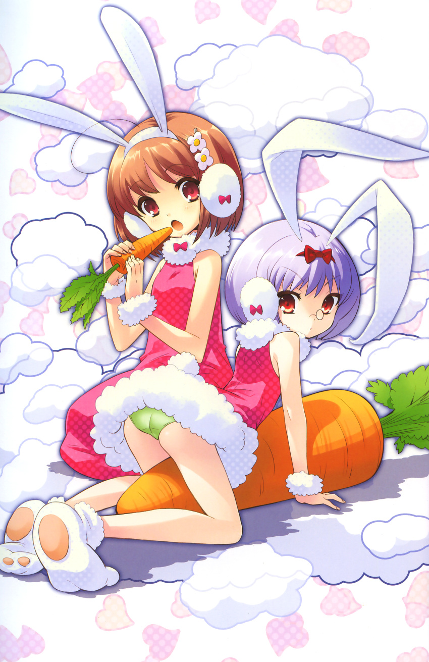 2girls absurdres alice_parade animal_ears bad_link carrot cloud company_connection dress earmuffs eating fake_animal_ears flyable_heart green_panties highres inaba_yui ito_noizi multiple_girls panties rabbit_ears silk_(alice_parade) underwear